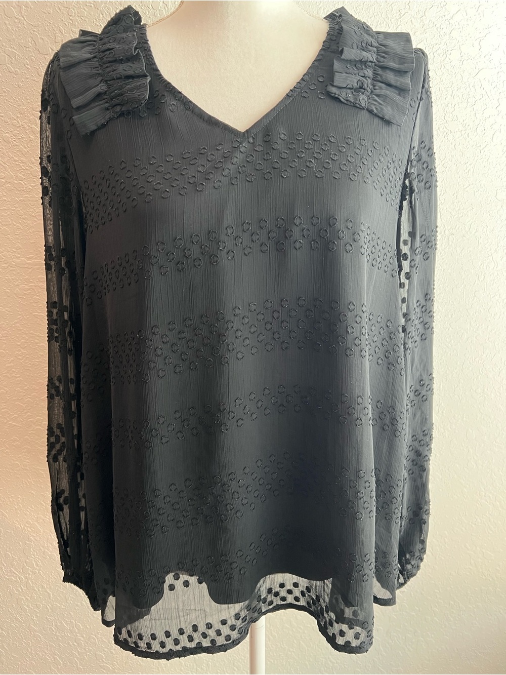 Vanilla Bay Black V-Neck Swiss Dot Ruffle Blouse
